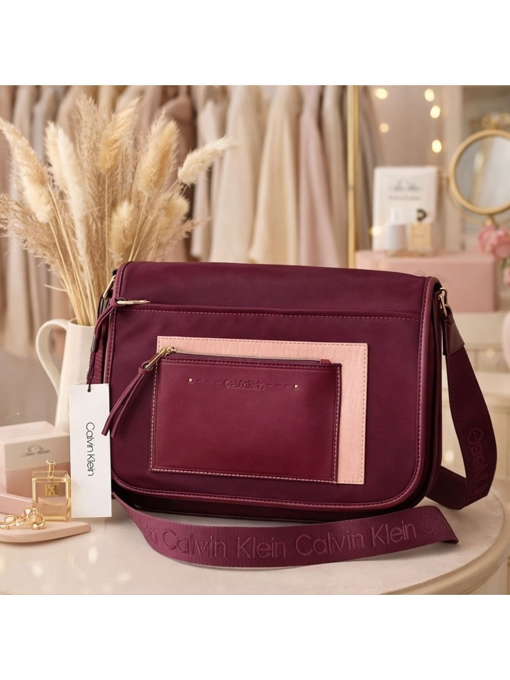 CALVIN KLEIN LISA MESSENGER BAG BURGUNDY‎ SHOULDER CROSSBODY SCHOOL WORK NYLON